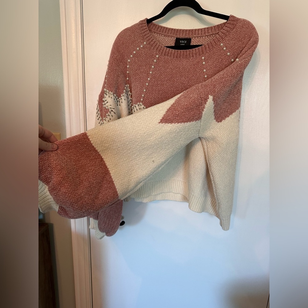 VICI beaded two tone color block mauve & cream  Embellished  sweater #1810 - Picture 4 of 8